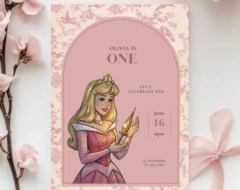 Modello di invito per compleanno a tema principessa / Invito per festa a tema principessa / Invito per il primo compleanno a tema Aurora (Disney), download digitale