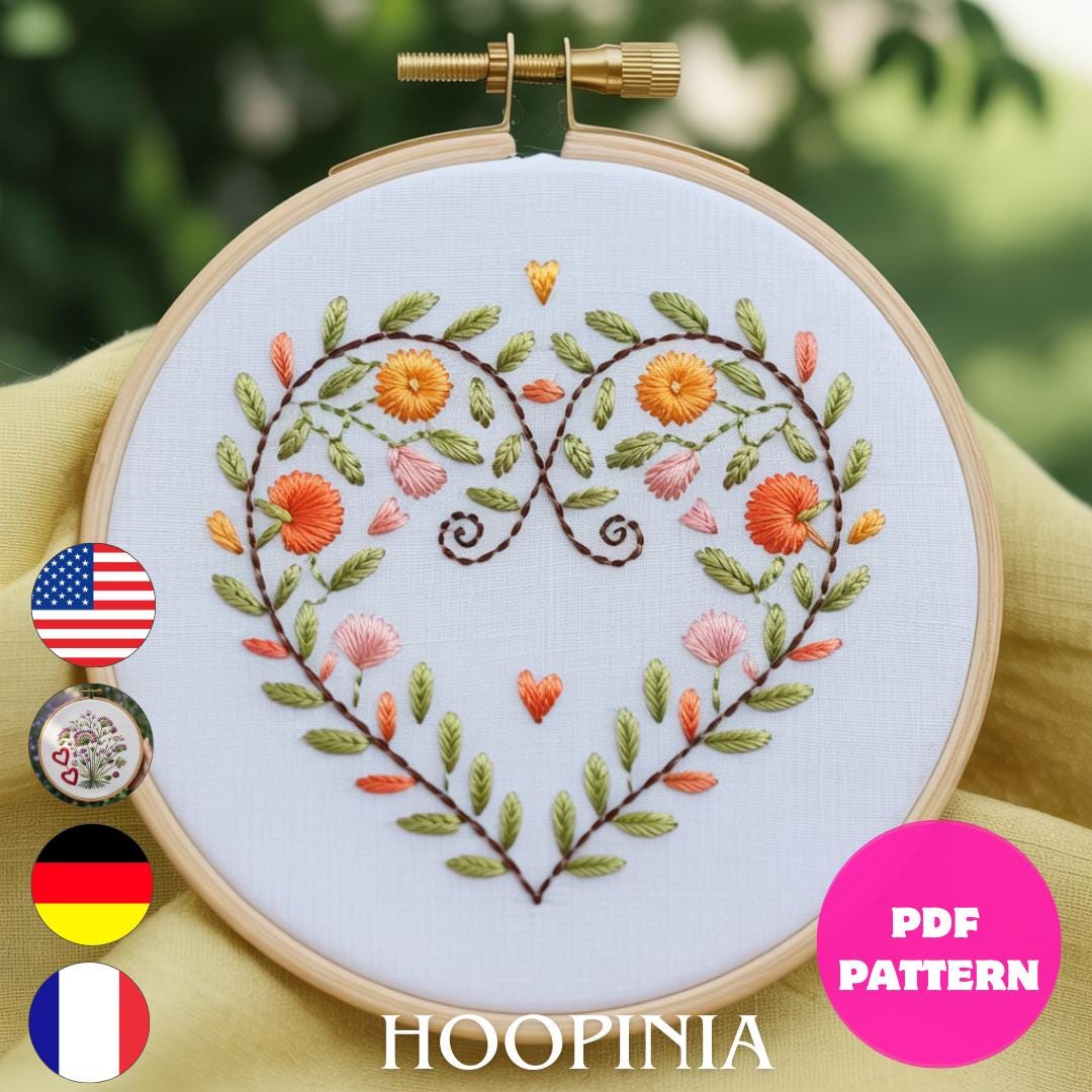 Ornate Heart Hand Embroidery Pattern PDF | Elegant Floral Beginner DMC ...