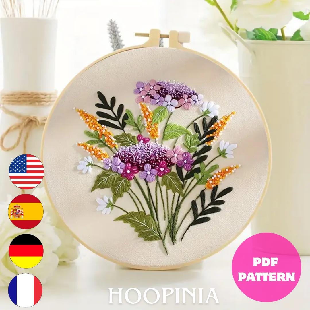 Purple Floral Bouquet Hand Embroidery Pattern PDF Botanical DMC Guide ...