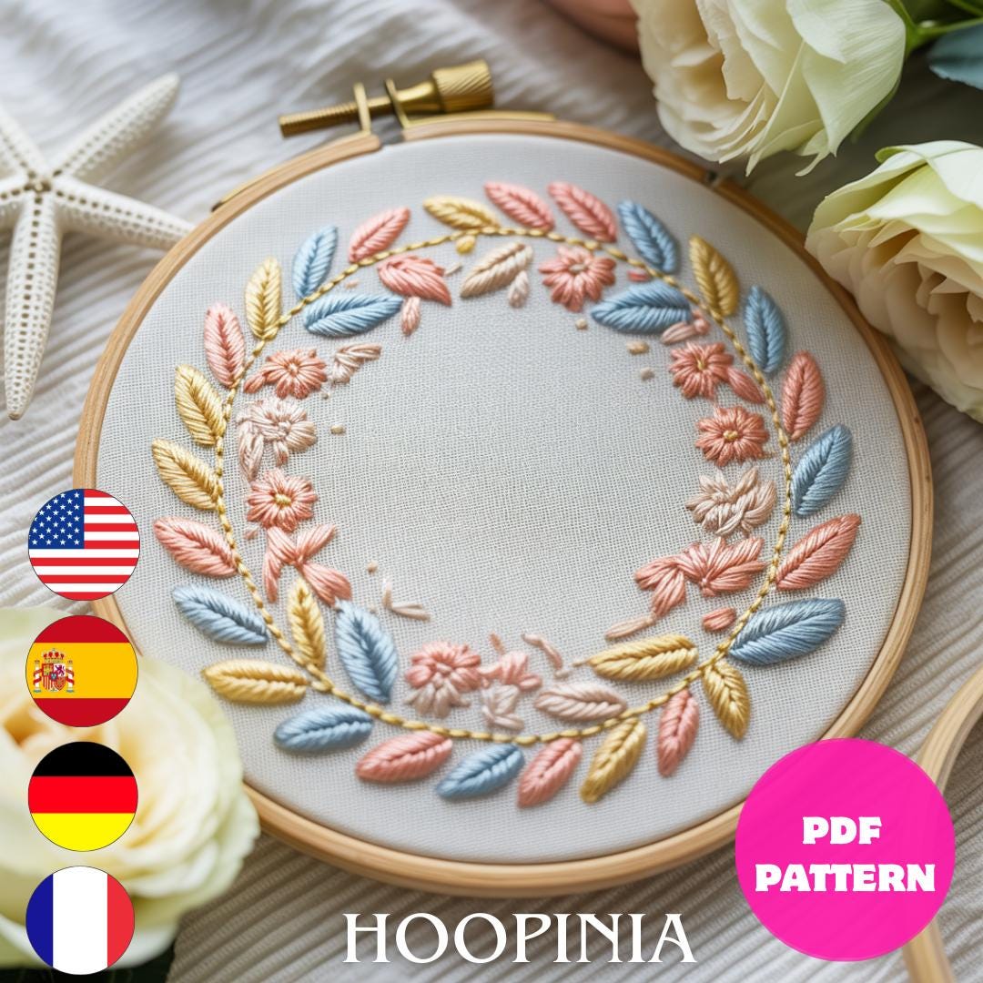 Floral Wreath Hand Embroidery Pattern DMC Guide PDF Botanical Hoop ...