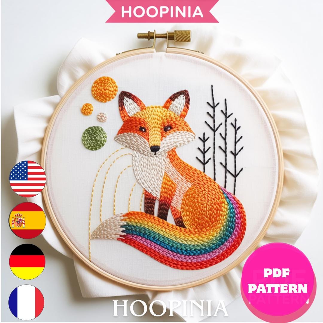 Fox Embroidery Pattern PDF | Rainbow Tail Modern Hoop Art | DMC Color ...