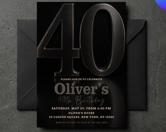 Black and Gold 40th Birthday Invitation, Modern Mens 40th Birthday Invite, Luxury 40th Party Template, Canva Instant Download, 5x7