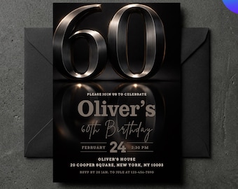 60th Birthday Invitation for Men, Elegant Black and Gold Template, Modern Birthday Invite, Canva 5x7 Milestone Birthday Party Decor
