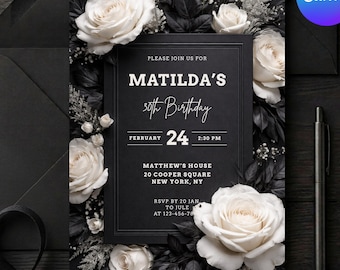 Moody Black and White Floral Birthday Invitation Template, Elegant 30th Birthday Invite for Women, Dark Aesthetic Roses, Editable Canva 5x7