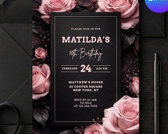 70th Birthday Invitation Template, Elegant Black and Blush Pink Floral, Editable Canva Invite for Women, Dark Moody Roses, 5x7 Design