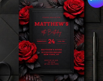 Gothic 70th Birthday Invitation Template, Red Rose Black Invite for Men or Women, Editable Canva 5x7, Elegant Moody Dark Floral Dinner Party