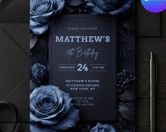 Blue Rose Men's 30th Birthday Invitation Template, Dark Floral Navy Blue Birthday Invite, Editable 5x7 Canva Template