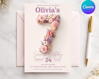 7th Birthday Invitation Template, Floral Party Invite, Pastel 7 3D Paper Flower Stationery, Girl's Seventh Digital 5x7 Canva