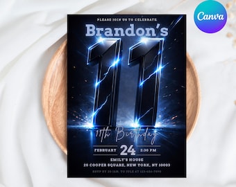 11 Geburtstagseinladung Vorlage für Jungen, Electric Elfter Moderne 3D Metallic Glow Geburtstag einladen, bearbeitbare Canva 5x7 Printable