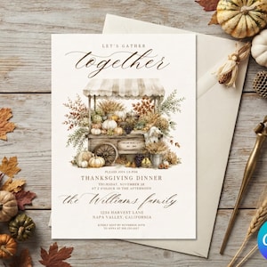 Invitation numérique Canva 5x7 pour un dîner de Thanksgiving, thème automnal rustique, décoration champêtre, idéale pour une fête de récolte.