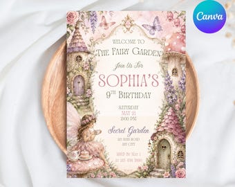 May include: A rectangular birthday invitation card featuring a fairy garden theme with illustrations of mushroom houses, flowers, butterflies, and a fairy. The text reads: Welcome to The Fairy Garden, Sophia's 9th Birthday, Saturday May 21 2:00 PM, Secret Garden, 123 Main Road Any City, RSVP By May 1 at 123 456 7890.