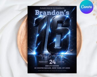 Cinematic Blue Lightning 16th Birthday Invitation Template, Luxury 3D Electric Boy Invite, Editable Canva Level 16 Gamer Party, 5x7 Digital
