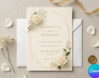 May include: A cream-colored wedding invitation card featuring a gold geometric frame, white rose and baby's breath floral accents, and text reading Charlotte and Benjamin, request the honor of your presence, Saturday, August 14, 2027, The Rosewood Estate.