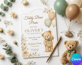 Teddy Bear 1st Birthday Invitation, Boy First Birthday Invite, Watercolor Bear Party Theme, Beary First Birthday, Neutral Kids Invite