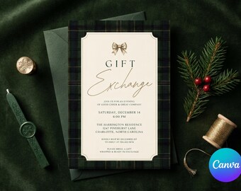 Gift Exchange Invitation Template, Christmas Holiday Party Invite, Plaid Secret Santa Office Gathering, Winter Cocktail 5x7 Canva Card