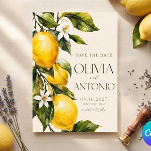 May include: A rectangular Save the Date card featuring a watercolor illustration of yellow lemons, green leaves, and white blossoms on the left side. The text reads: SAVE THE DATE, OLIVIA and ANTONIO, 08.16.2027, AMALFI COAST, ITALY, invitation to follow.