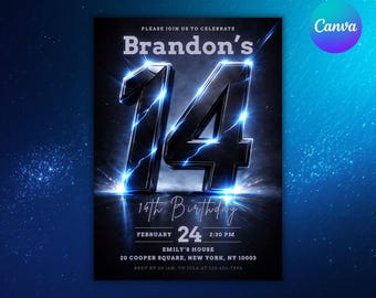Könnte beinhalten: Eine digitale Geburtstagseinladungskarte mit dem Text Brandon's 14th Birthday, February 24, 2:30 PM, Emily's House, 20 Cooper Square, New York, NY 10003, RSVP by 20 Jan to Jule at 123-456-7890 und großen schwarzen 3D-Zahlen 14.