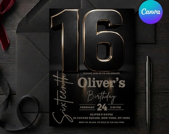 Black and Gold 16th Birthday Invitation Template, Modern Boy Sweet 16 Invite, Luxury 3D Number Sixteen Digital Download, Canva Editable 5x7