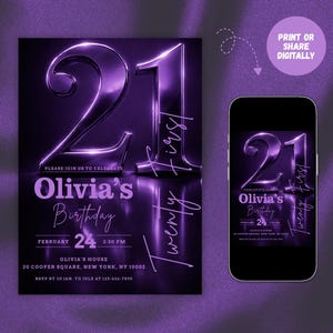 Digital 21st birthday invitation template featuring large 3D purple chrome numbers "21" on a dark background with glowing purple accents and modern script typography.