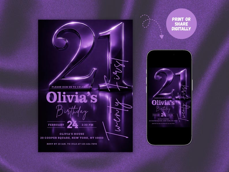 Digital 21st birthday invitation template featuring large 3D purple chrome numbers "21" on a dark background with glowing purple accents and modern script typography.