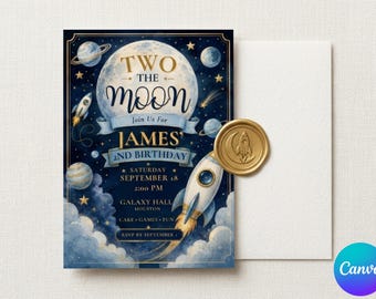 May include: A rectangular birthday invitation card featuring a dark blue space theme with a large moon, planets, stars, and a rocket ship. The text reads: TWO THE MOON, JOIN US FOR JAMES' 2ND BIRTHDAY, SATURDAY SEPTEMBER 18, 2:00 PM, GALAXY HALL HOUSTON.