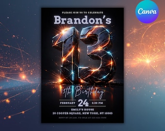 13th Birthday Invitation, Glow Teen Boy Birthday Invite, Gaming Party, 5x7 Canva Template