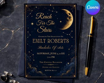 Celestial Graduation Invitation Template Editable Canva, Reach for the Stars Starry Night College High School Graduation Announcement, 5x7