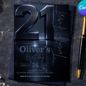 May include: A dark blue birthday invitation featuring the number "21" in a prominent, three-dimensional style. The invitation includes the text "Oliver's Birthday" and event details. A black pen with gold detailing is placed beside it.