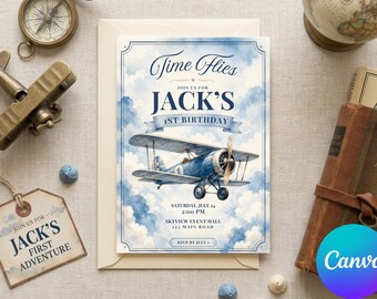 May include: A rectangular birthday invitation card featuring a watercolor sky with clouds and a blue vintage biplane. The text reads: Time Flies, Join Us For Jack's 1st Birthday, Saturday, July 24, 2:00 PM, Skyview Event Hall, 123 Main Road, RSVP By July 4.