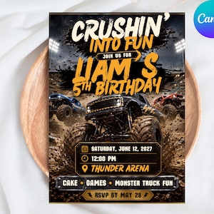 May include: A rectangular birthday invitation card featuring a monster truck theme with mud splatters, stadium lights, and three monster trucks. The text reads: CRUSHIN' INTO FUN JOIN US FOR LIAM'S 5TH BIRTHDAY, SATURDAY, JUNE 12, 2027, 12:00 PM, THUNDER ARENA.