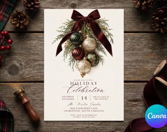 Christmas Holiday Party Invitation Template, Winter Wonderland Festive Holiday Dinner Invite,  5x7 Canva Digital Download