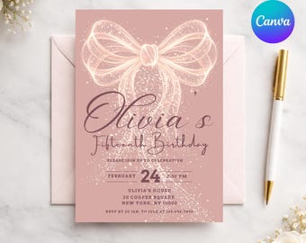 ANY AGE Rose Gold 15th Birthday Invitation Template, ANY Occasion Elegant Glitter Bow Invite, Coquette Party Decor, Canva 5x7 Digital