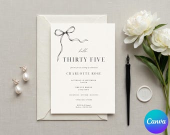 35th Birthday Invitation Template, Thirty Five Party Invite, Chic Bow Elegant Milestone Stationery, 30th 40th 50th 60th 70th 80th 90th, 5x7