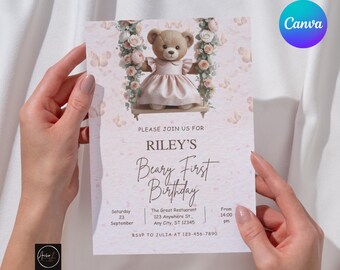 Modèle d'invitation premier anniversaire fille Beary - numérique éditable Canva 5 x 7 pouces