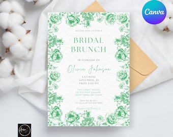 Elegant Green Floral Bridal Brunch Invitation Template - Two-Sided Digital Wedding Shower Print