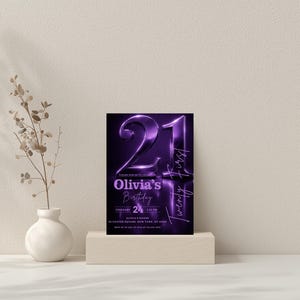 Glamorous Y2K-inspired purple chrome birthday invite, 5x7 digital download for a 21st birthday celebration featuring futuristic metallic aesthetics.