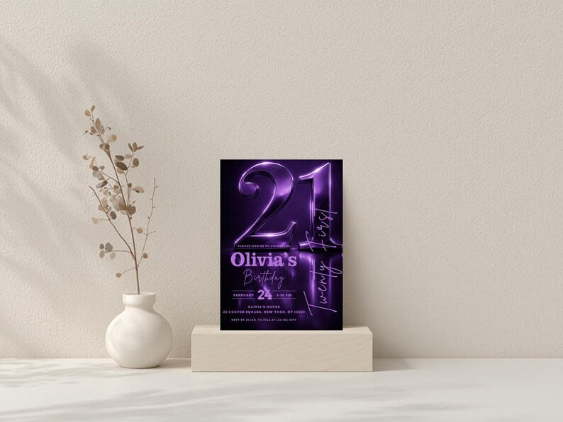 Glamorous Y2K-inspired purple chrome birthday invite, 5x7 digital download for a 21st birthday celebration featuring futuristic metallic aesthetics.