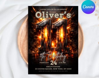 11th Birthday Invitation Template, Fire Sparks Boy Birthday Invite, Editable 11 Year Old Party Digital Download, Canva 5x7