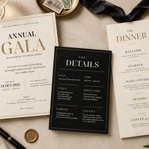 Op de afbeelding: Een set van drie bedrukte evenementenkaarten met een uitnodiging voor een jaarlijks gala, een zwarte detailkaart en een dinermenu. De uitnodiging en het menu zijn crèmekleurig met goudkleurige en zwarte tekst, de detailkaart is zwart met witte tekst.