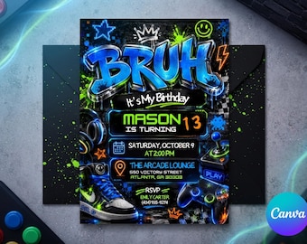 Gamer Birthday Invitation Template, Boy 13th Video Game Party Invite, Neon Arcade Theme, Level Up Gaming Decor for Teens, Canva 5x7 Card