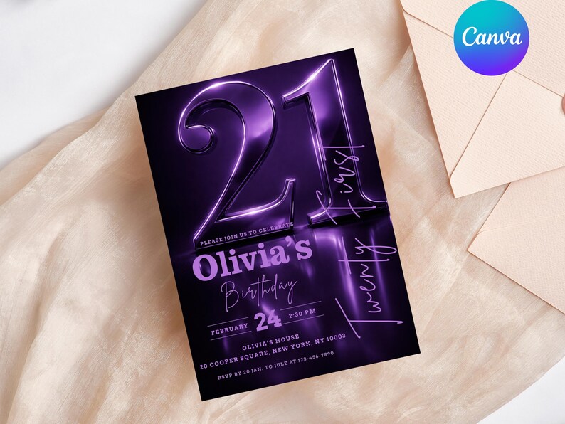 May include: A purple 21st birthday invitation with a reflective, neon-style design. The invitation includes the name "Olivia's" and the date "February 24". The text "Please join us to celebrate" is also included.