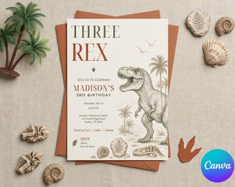 Three Rex Birthday Invitation, 3rd Birthday Party Invite, Dinosaur Theme Kids Birthday, Prehistoric Party Stationery, T-Rex Boy or Girl Bash