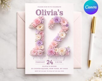 May include: A birthday invitation with the name "Olivia's" in purple text. The number "12" is formed with pink, purple, and white flowers. The invitation includes the date, time, and location. A white pen with gold accents is on the right.