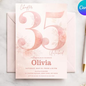 Inbjudan till 35-årsdag, blommigt kapitel 35-inbjudan, elegant rodnande rosa födelsedagsmall, 35-årsfestdekor, 5x7