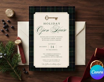 Tartan Plaid Holiday Open House Invitation, Retro Winter Classic Christmas Party Invite, Vintage Old Money Festive Dinner Card, Canva 5x7