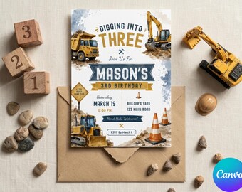 May include: A rectangular birthday invitation card featuring construction vehicles, traffic cones, and the text Digging Into Three Mason's 3rd Birthday. The design includes watercolor illustrations of a dump truck, excavator, and bulldozer on a white background.