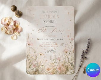 Garden Party Invitation Template, Floral Birthday Invite, Elegant Soiree Card, Butterfly Bridal Shower, Soft Neutral Event Invite, 5x7 Canva