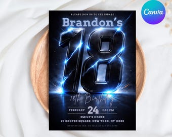 18th Birthday Invitation Template, Blue Lightning Digital Invite, Modern Cinematic Birthday Boy, 3D Metallic 18th Party, Canva 5x7