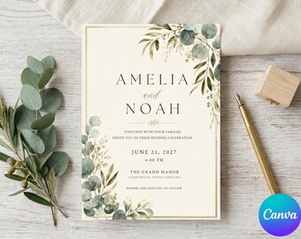 May include: A rectangular wedding invitation card with a cream background, featuring a gold border and watercolor eucalyptus leaves in the corners. The text reads: AMELIA and NOAH, TOGETHER WITH THEIR FAMILIES INVITE YOU TO THEIR WEDDING CELEBRATION, JUNE 21, 2027, 4:00 PM, THE GRAND MANOR, CHARLESTON, SOUTH CAROLINA, DINNER AND DANCING TO FOLLOW.
