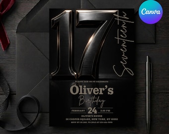 May include: Black and gold 17th birthday invitation. The invitation features a large, embossed number 17 with the word "Seventeenth" in script. The invitation includes the text "Oliver's Birthday" and event details. A pen and envelope are on a dark wood surface.